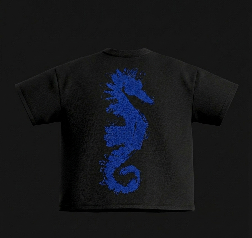 'Seahorse' Black Oversized Tee (260 gsm)