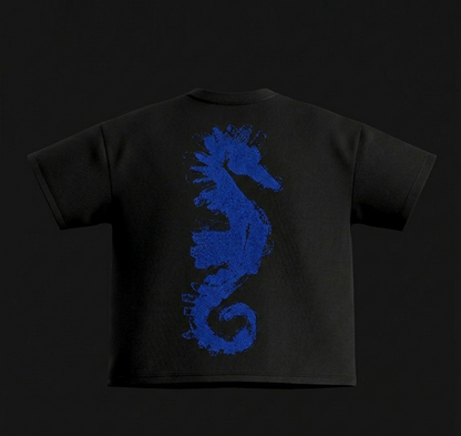 'Seahorse' Black Oversized Tee (260 gsm)